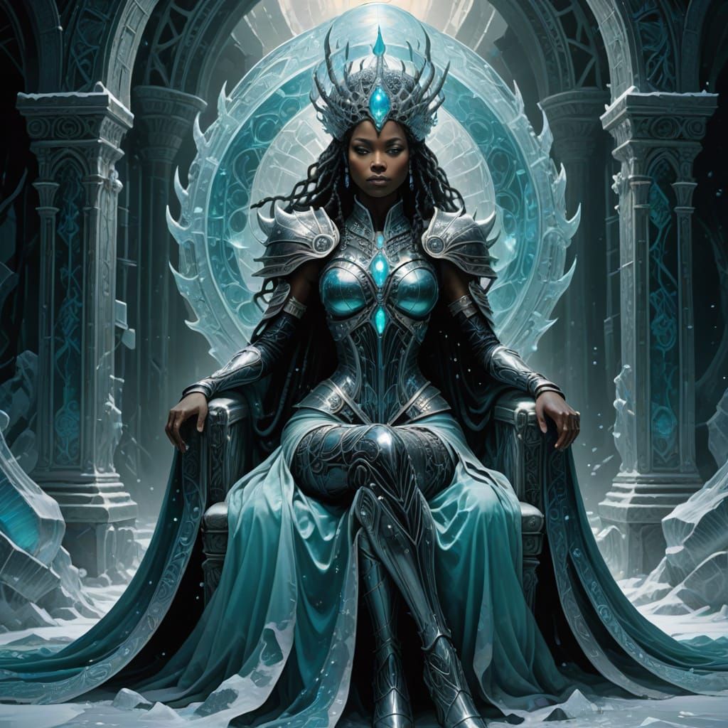 Biomechanical Ebony Queen on Ice Throne in HR Giger Style