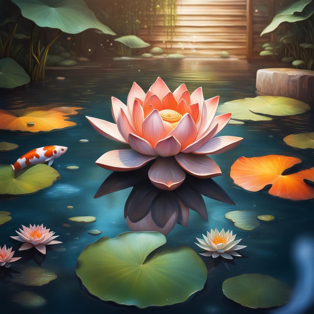 Hyperrealistic Metal Lotus in Koi Pond