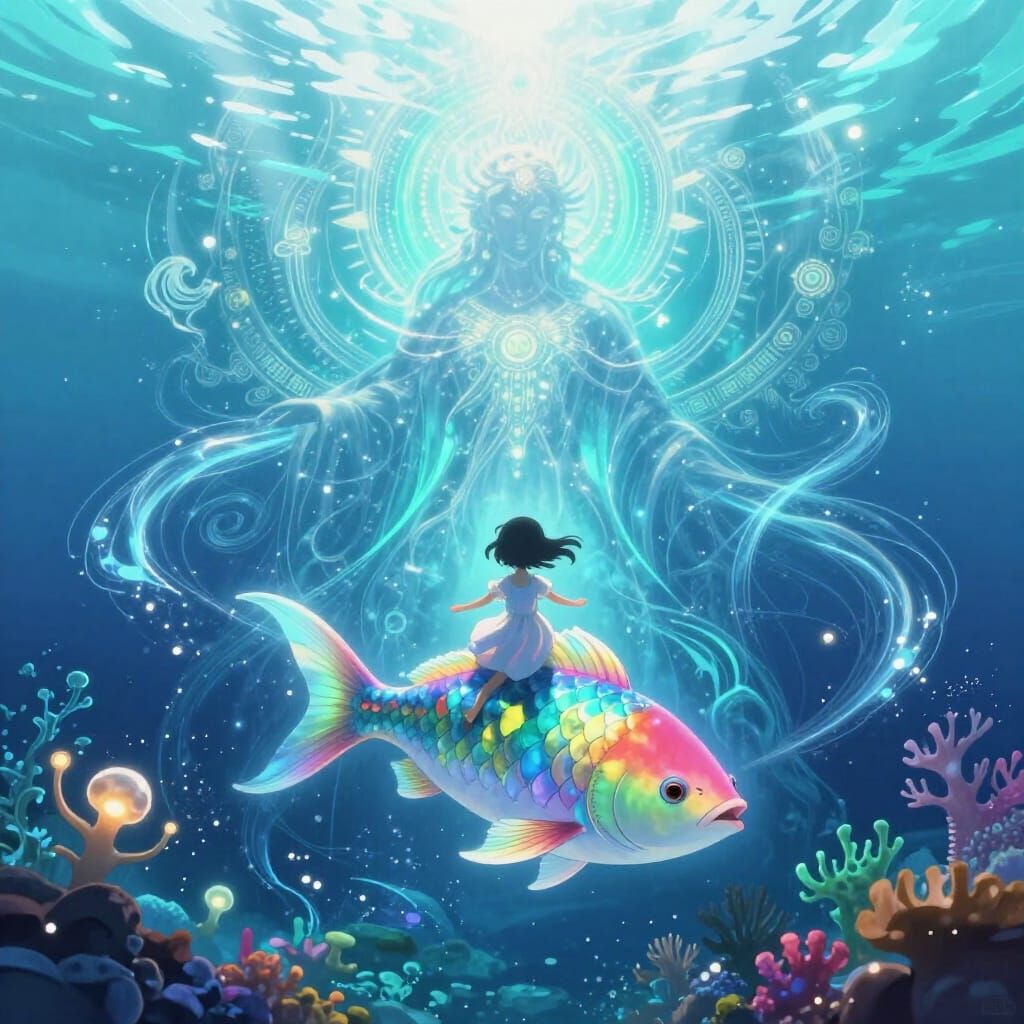 Girl Rides Rainbow Fish In Divine Underwater Realm