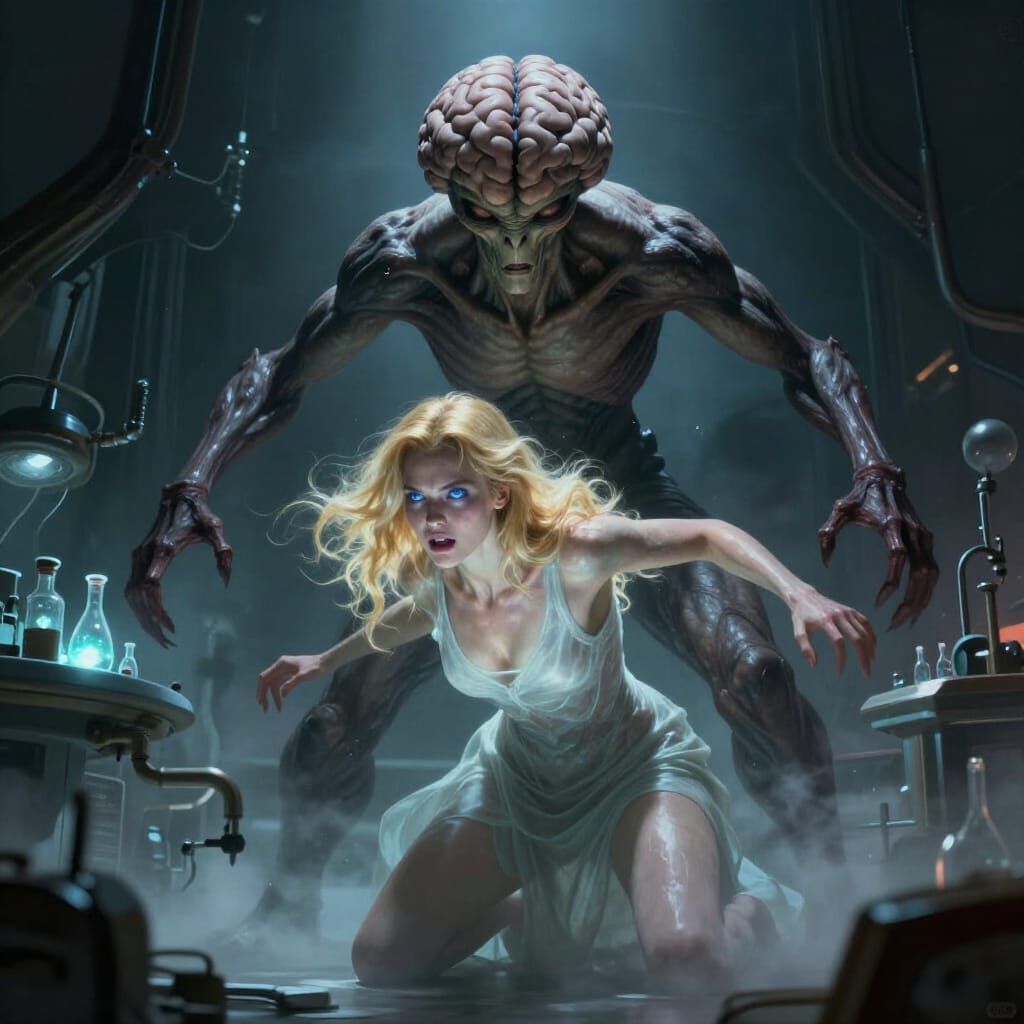Alien Looms Over Powerful Woman in Futuristic Lab