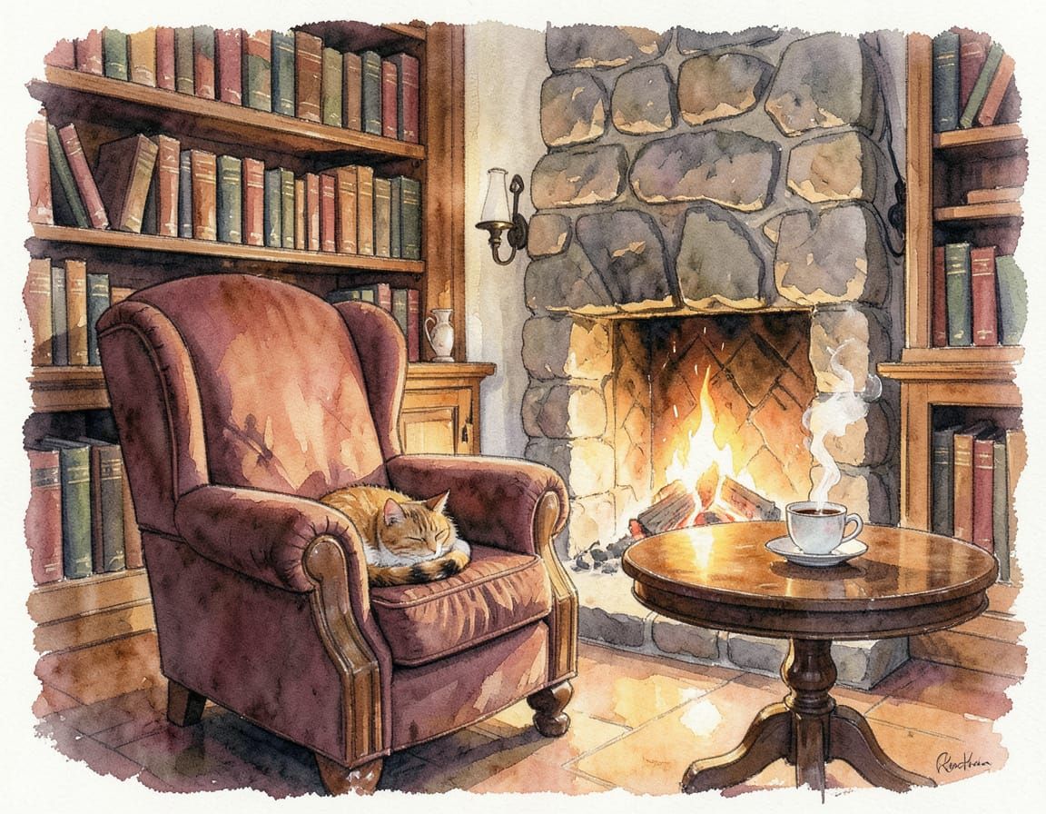 Cozy Armchair by Fireplace with Sleeping Cat