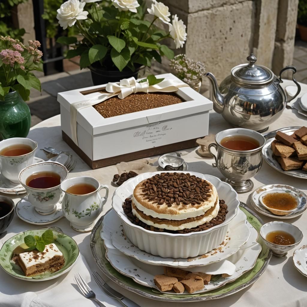 Tiramisu and Tea Overflowing on French Patio