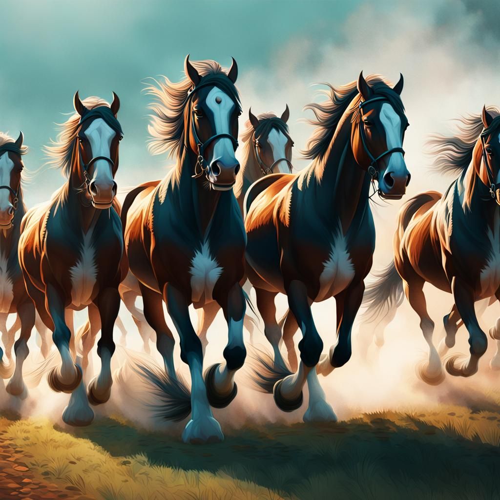 Majestic Clydesdales in Misty Landscape, Art Nouveau Style