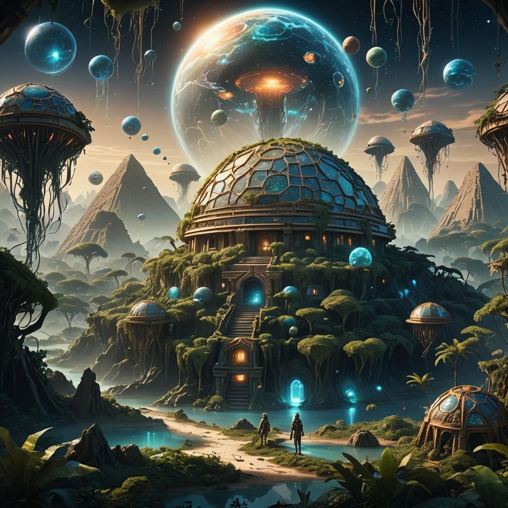 Bioluminescent Planet with Pyramid Cities: Digital Matte Pai...