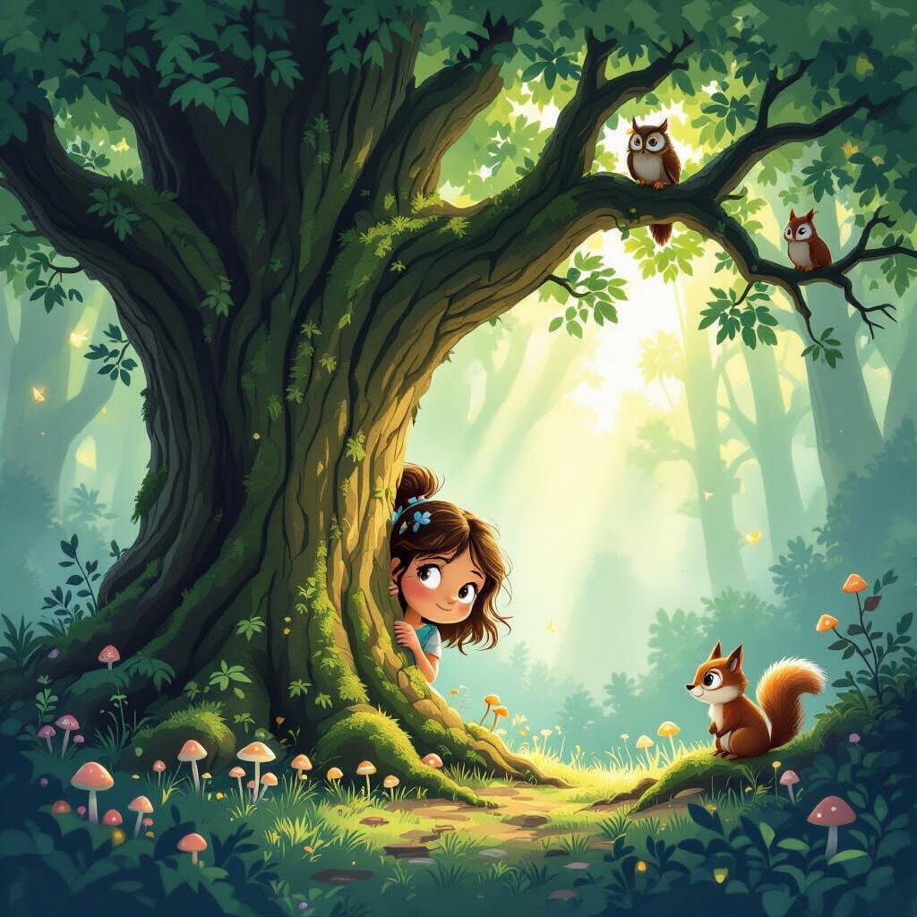 Girl Peeks From Oak Tree in Enchanted Forest