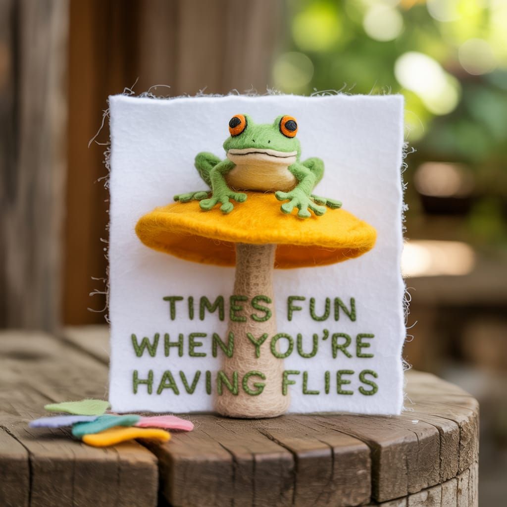 Needle Felt Frog Having Fun With Flies