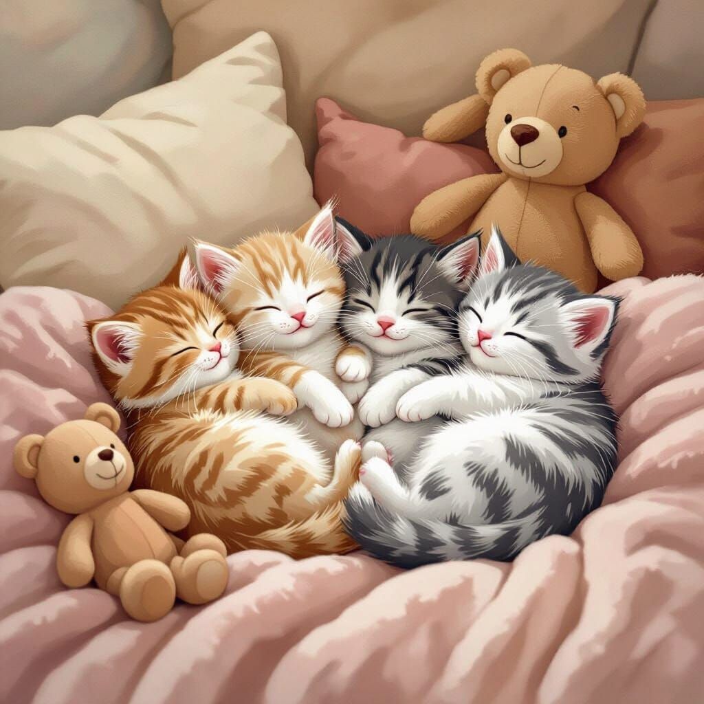 Four Kittens Sleeping Peacefully on Cozy Blanket