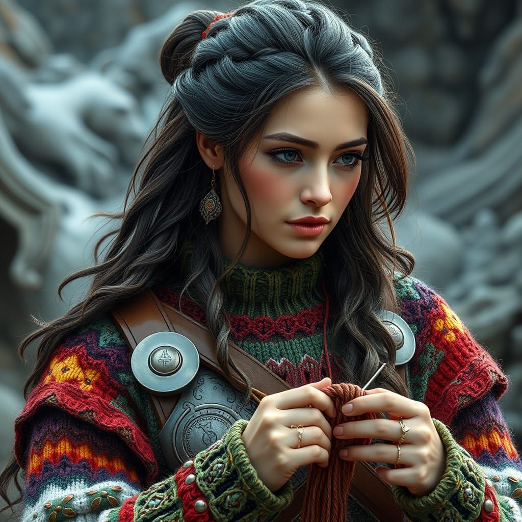 Hyperrealistic Female Warrior Knitting a Sweater