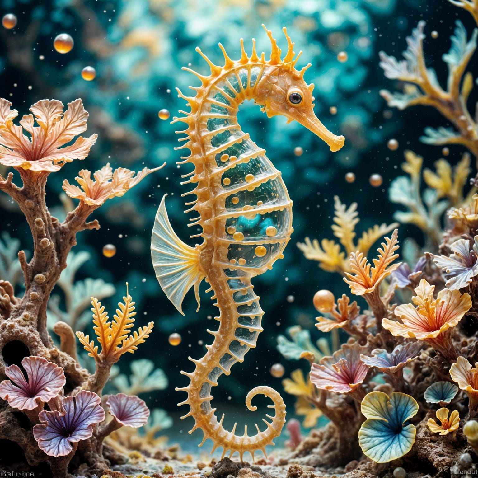 Transparent Seahorse in Bioluminescent Coral Reef