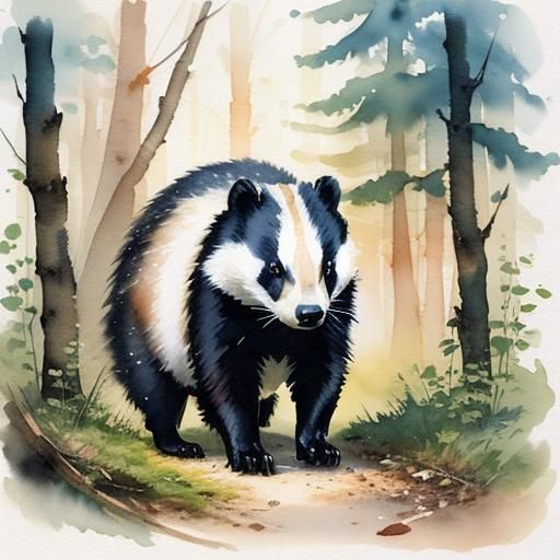 Badger in Woods: Watercolor and Ink Painting