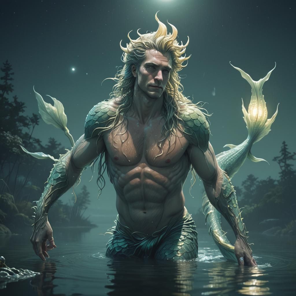 Merman in Moonlit Pond: Hyperrealistic Fantasy Illustration
