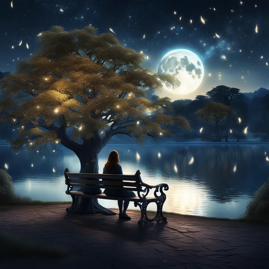 Woman by Lake Under Moonlit Starry Sky