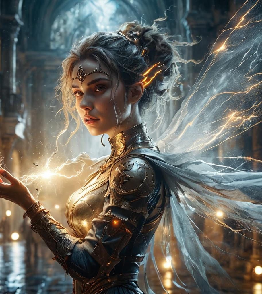 Dramatic Lightning Mage in Castle, Matte Painting