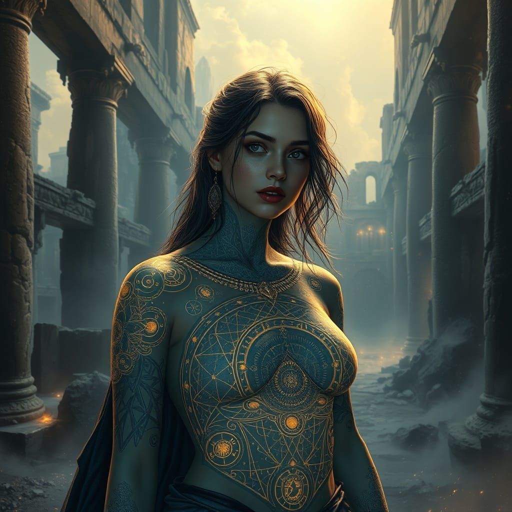Mystical Woman with Celestial Tattoos in Ethereal Ruins