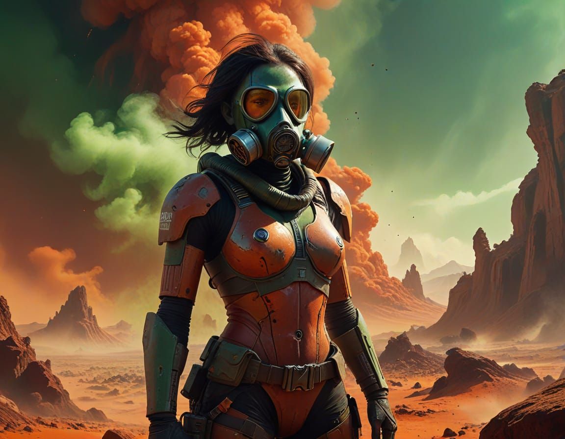 Striking Red Planet Warrior in Gas Mask