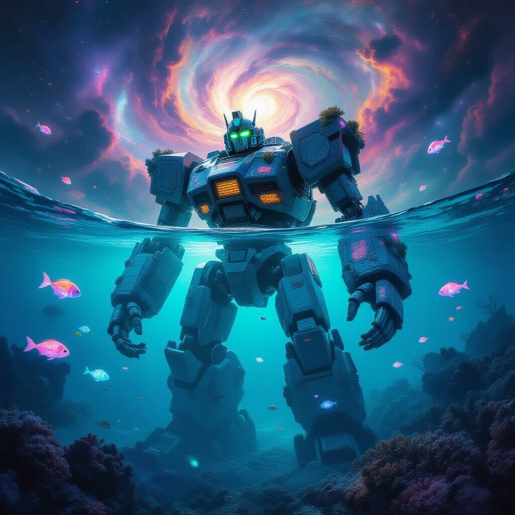 Ancient Robot in Bioluminescent Ocean Nebula