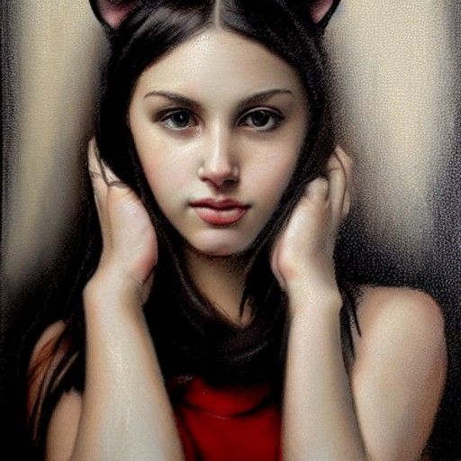 Charcoal Portrait of a Beautiful Woman with Cat Ears