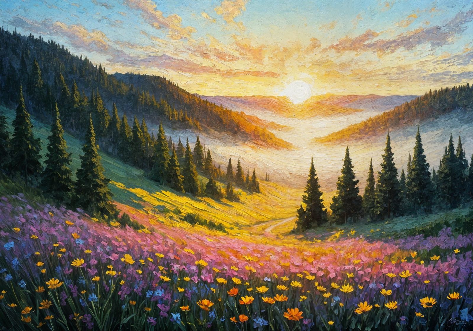 Morning Light Breaks Over Impasto Valley of Wildflowers