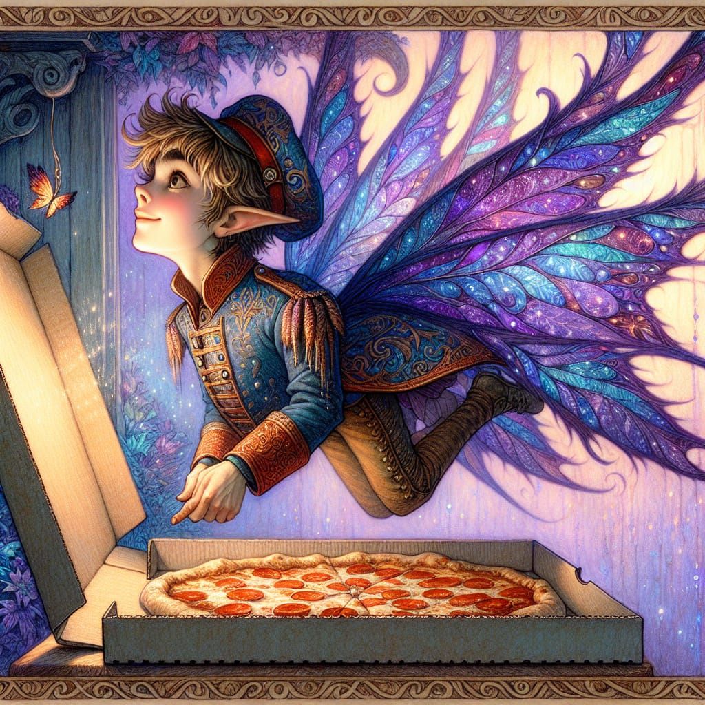 Enchanting Faerie Soldier Enthralled by Pizza, Art Nouveau S...