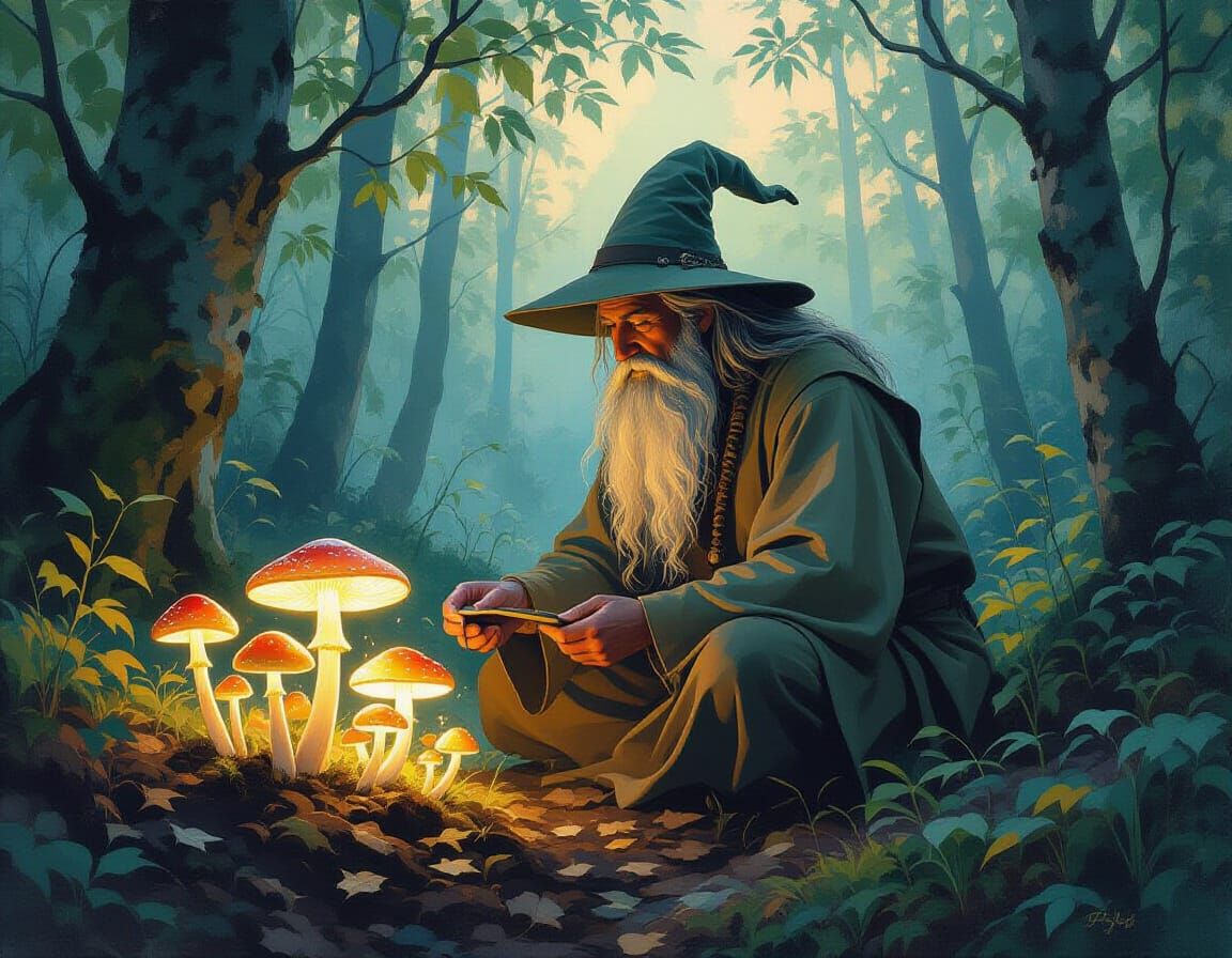 Druid and Glowing Mushrooms in Impressionist Forest