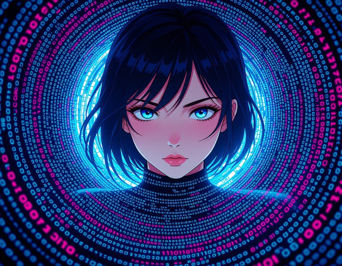 Anime Woman in Binary Vortex: Hyperrealism Style