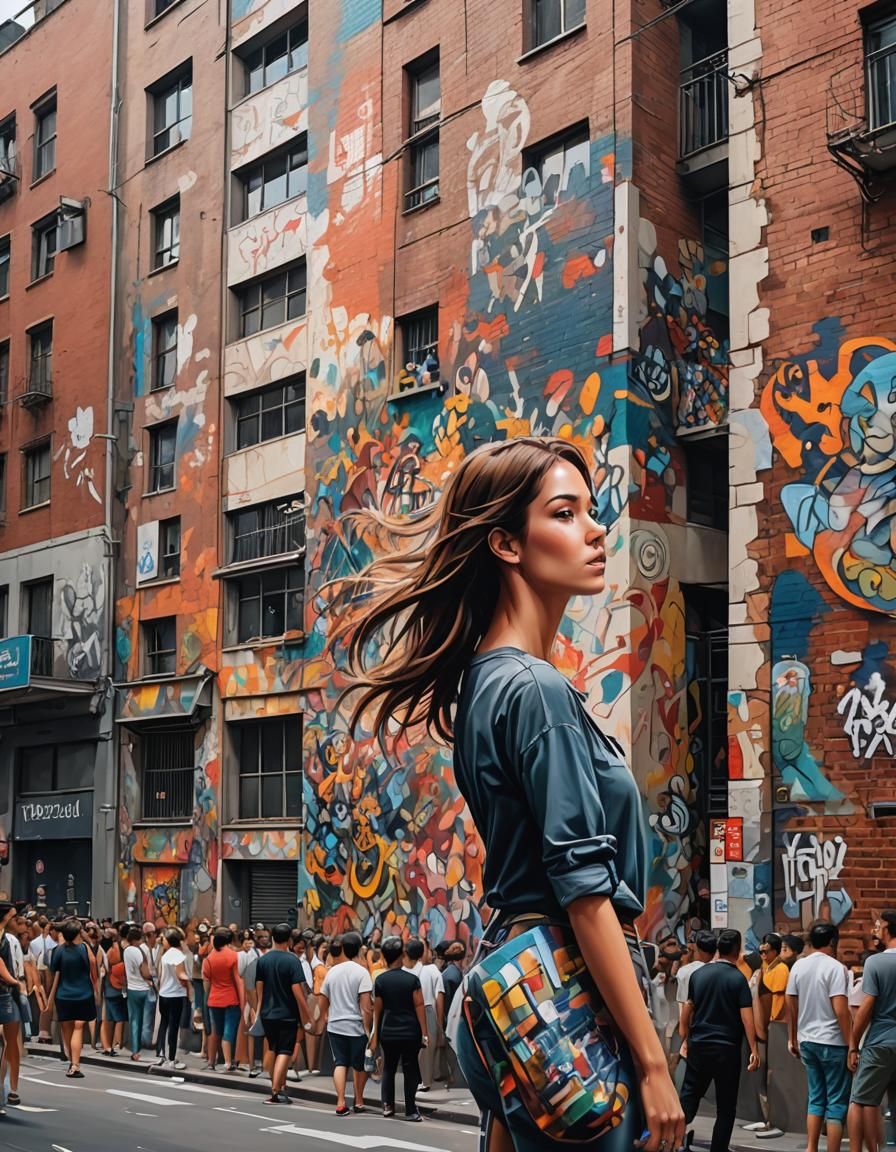 Street Art of a Beautiful Girl on Building Wall