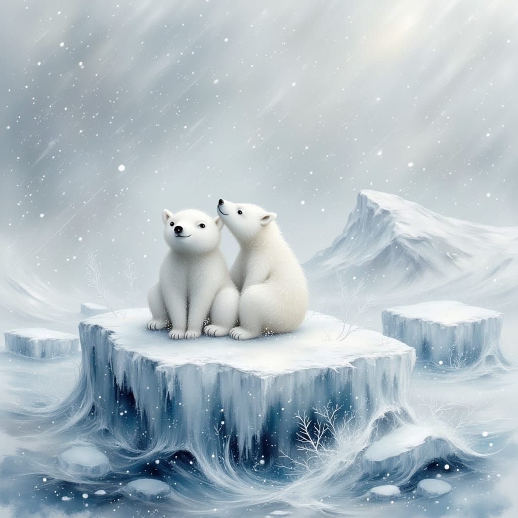 Fluffy Polar Bear Cubs on Iceberg in Winter Storm