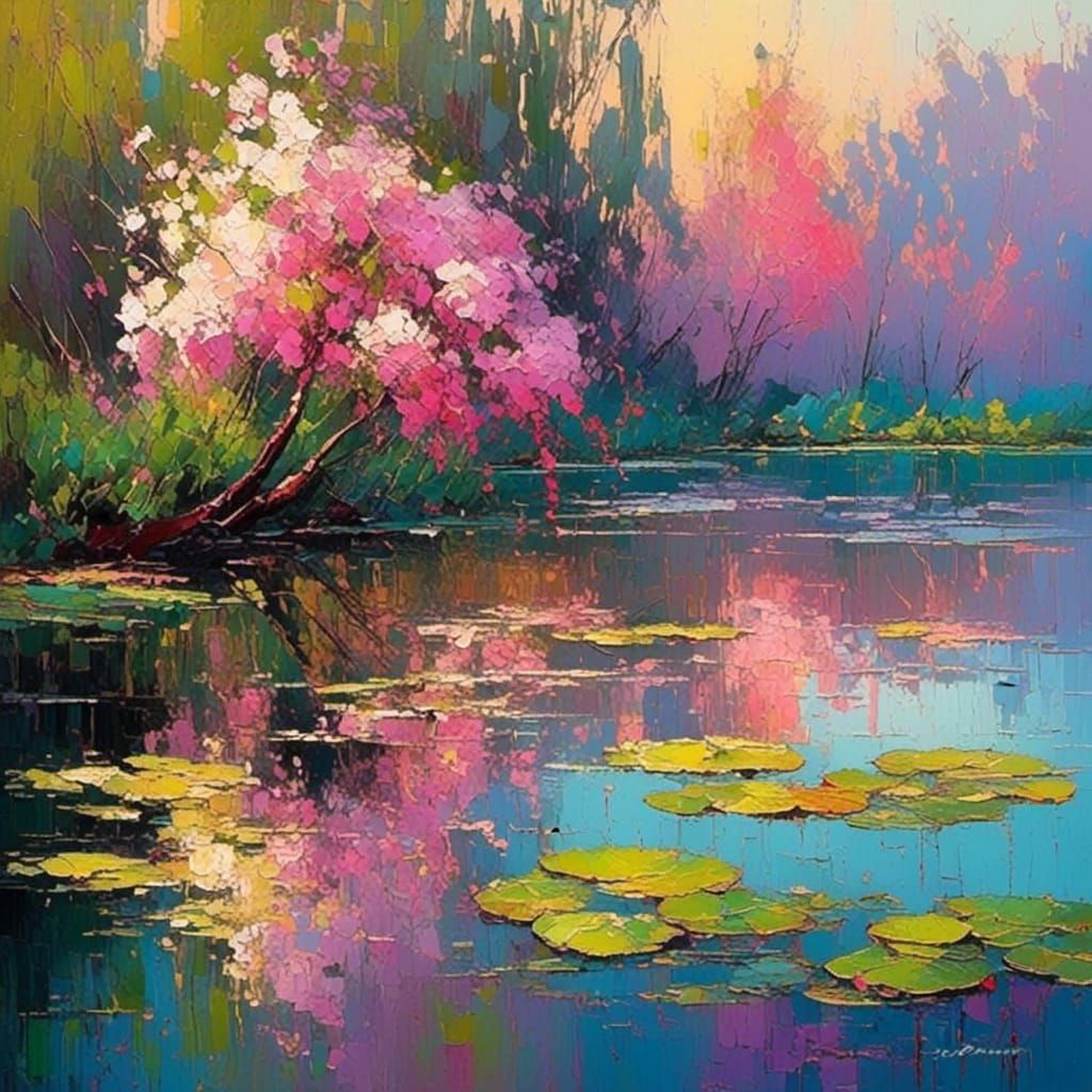 Swan on Lake: Impasto Landscape Painting