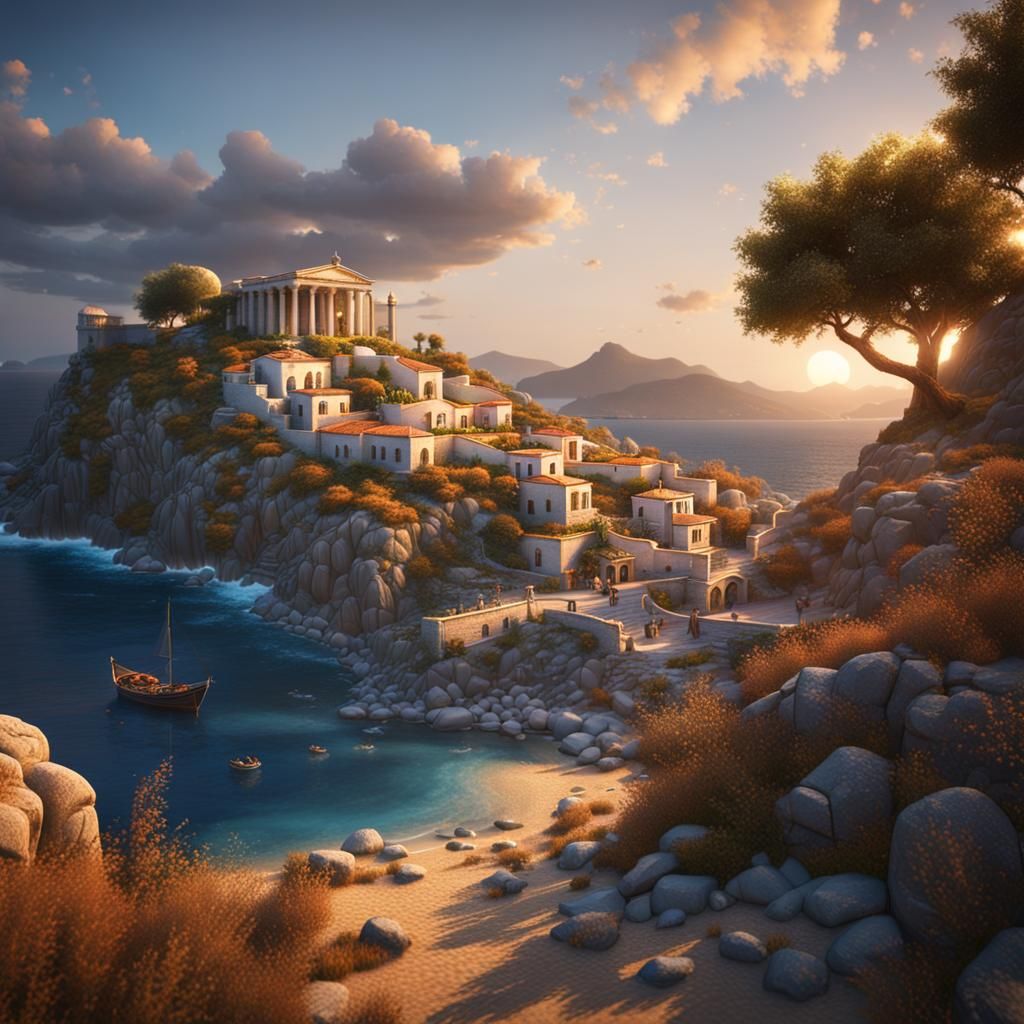 Greek Island Dusk: Fantastical Matte Painting