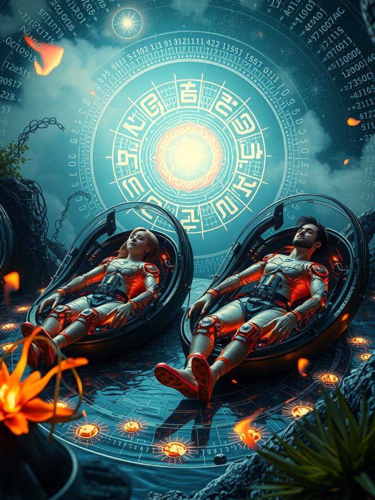 Cybernetic Stasis Pods Amidst Celestial and Digital Realms