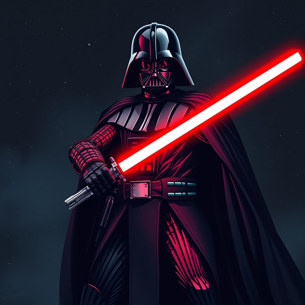 Dark Lord Vader Wields Vibrant Red Lightsaber in Cyberpunk-I...