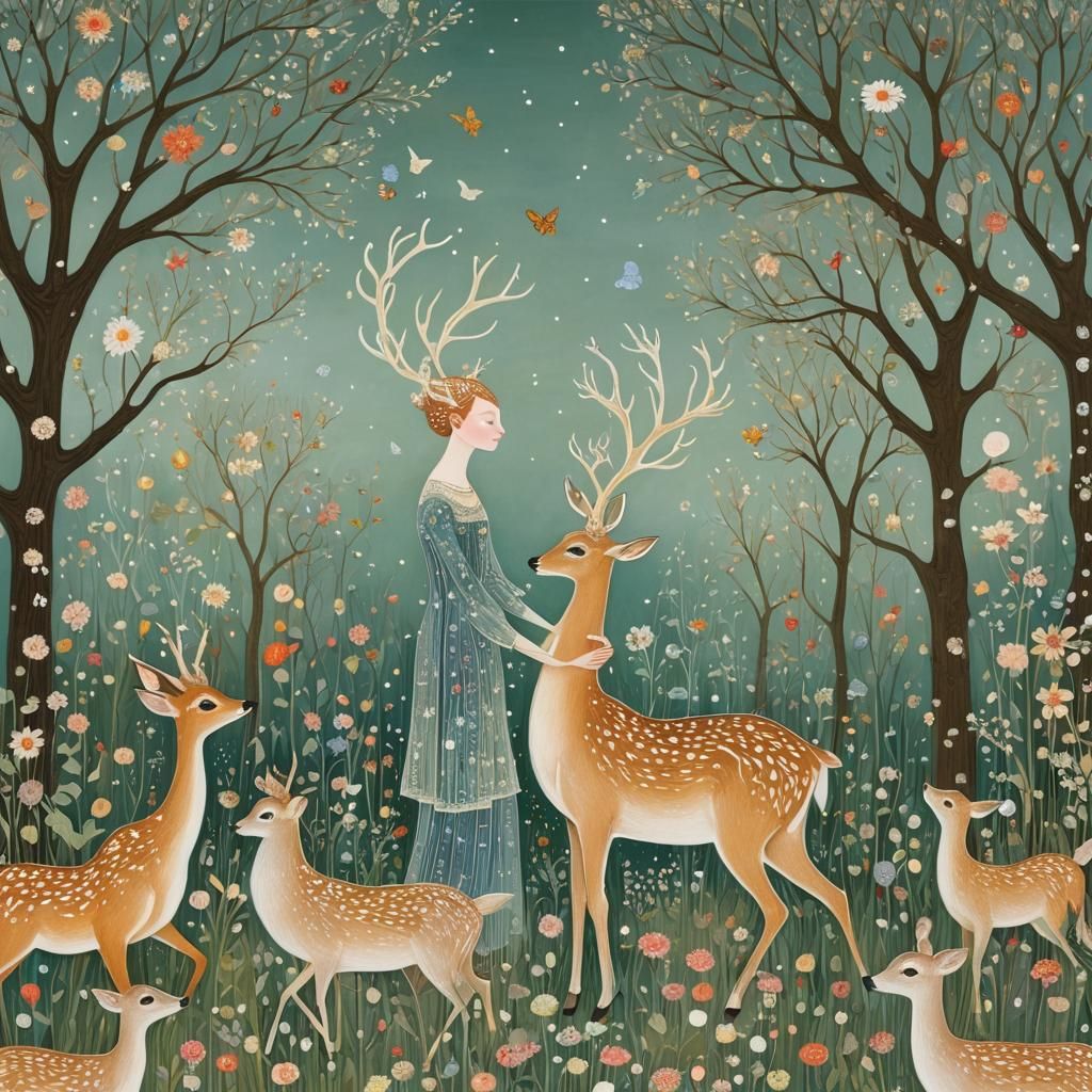 Enigmatic Woman and Deer Illustration