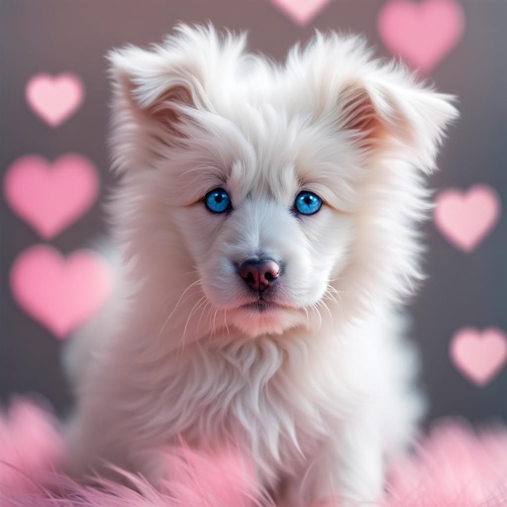 Fluffy White Puppy with Pink Hearts and Blue Eyes