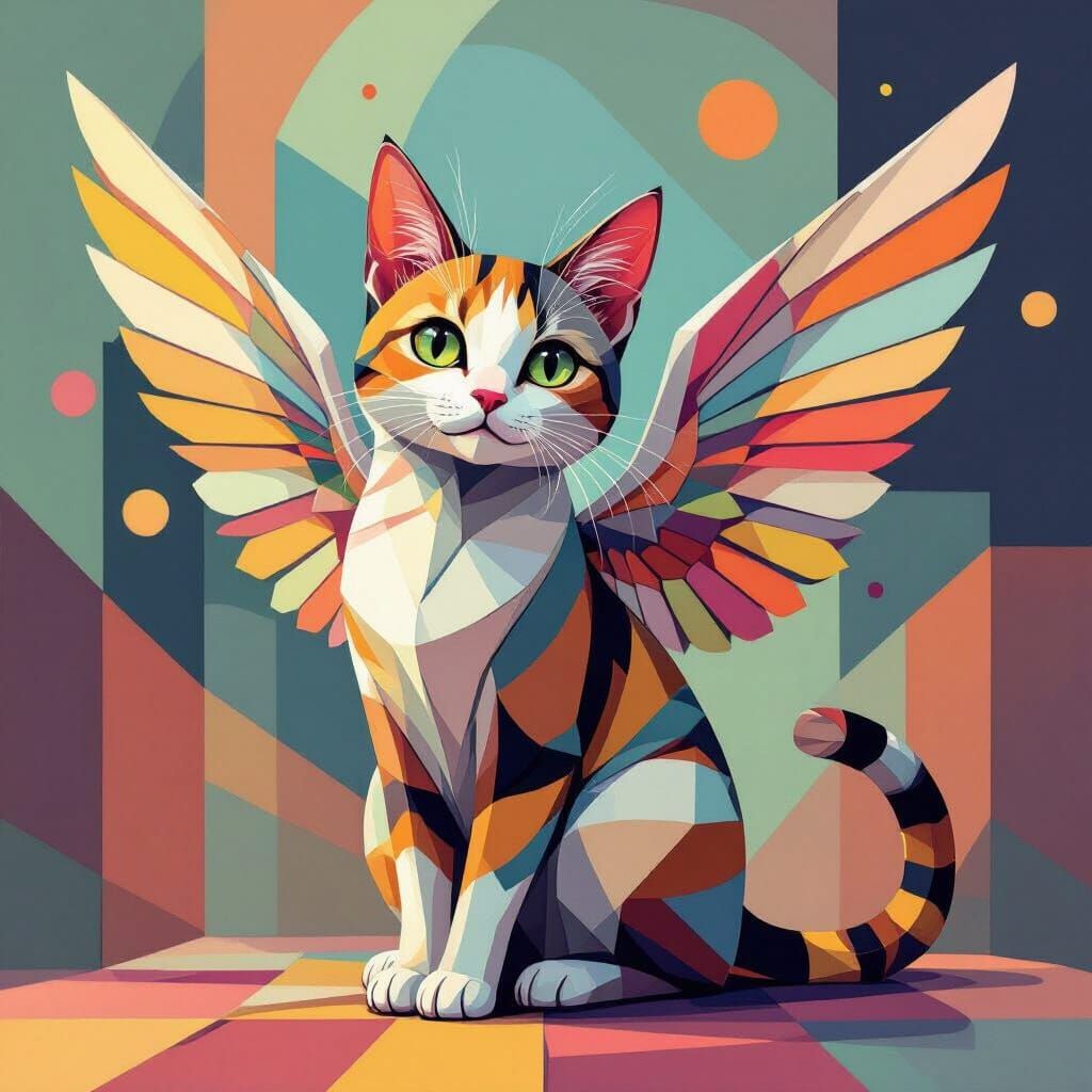 Winged Cat in Cubist Art Deco Style