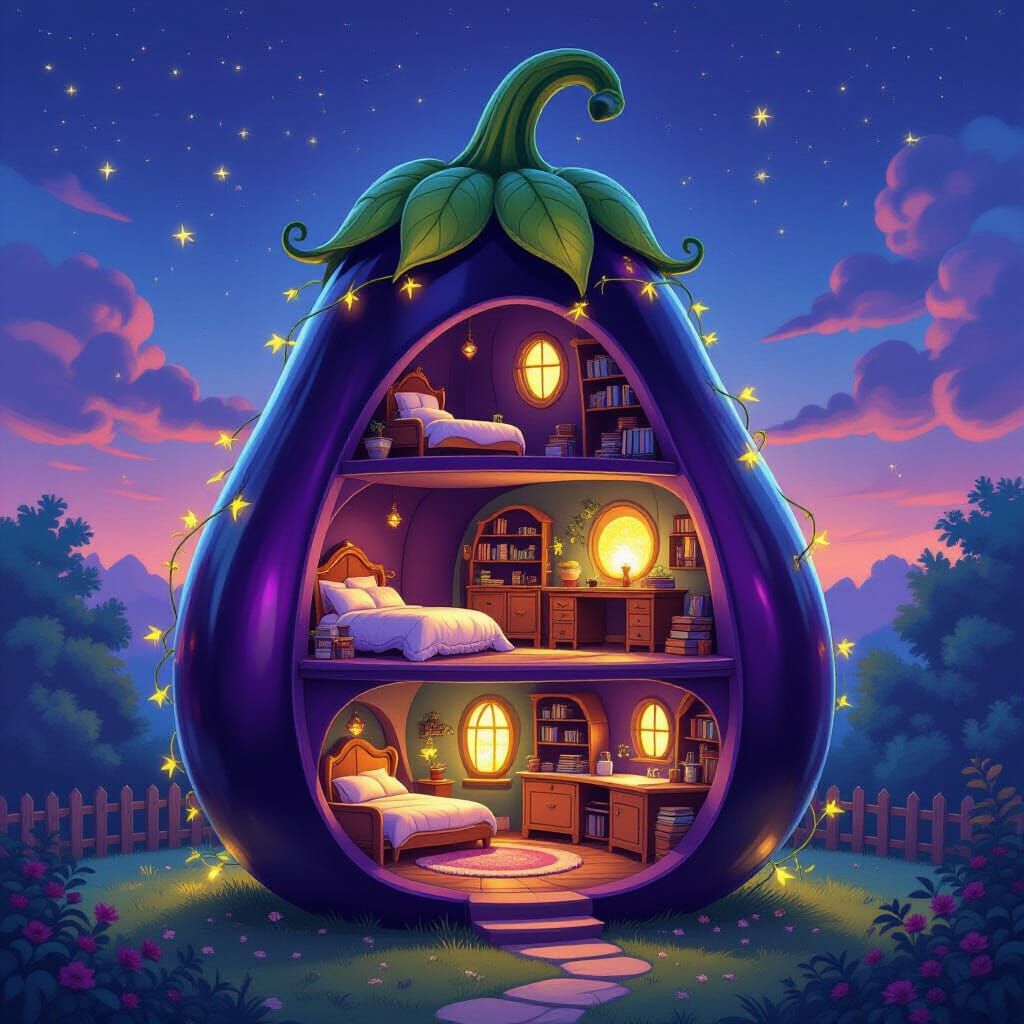 Enchanted Eggplant House Cross-Section with Cozy Interior