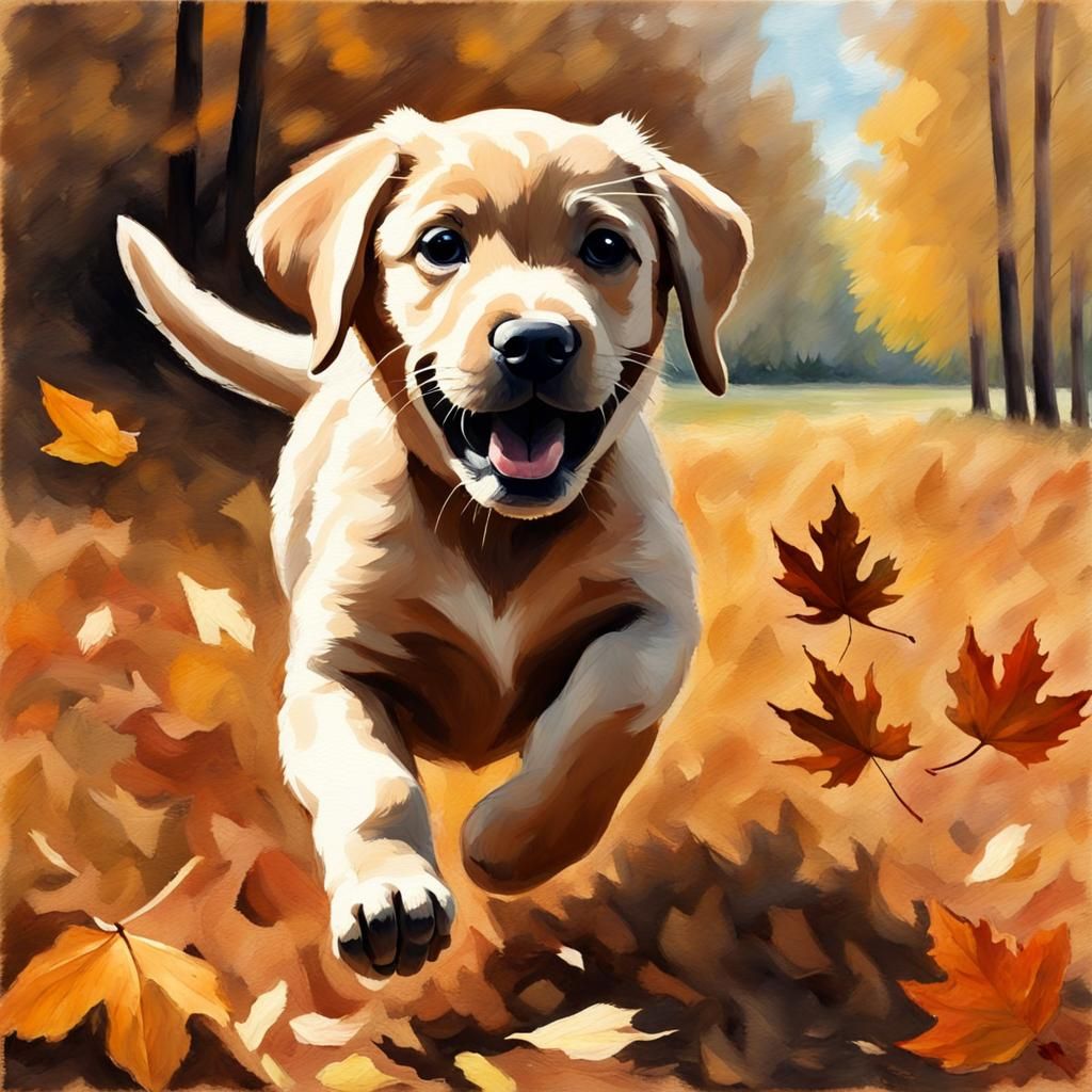 Labrador Puppy in Autumn, Gouache Style Painting