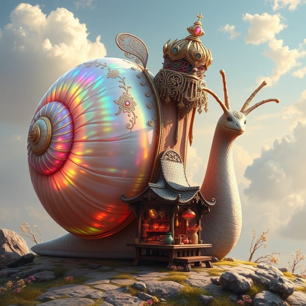 Majestic Fairy Snail Merchant Shop in Dreamlike Landscape