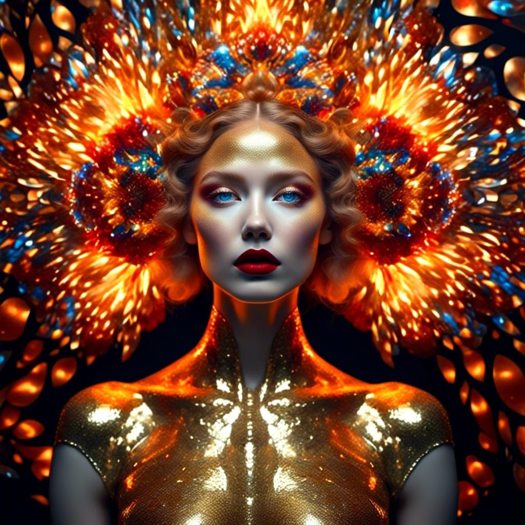 Ethereal Fire Goddess in a Kaleidoscope of Golden, Blushing...