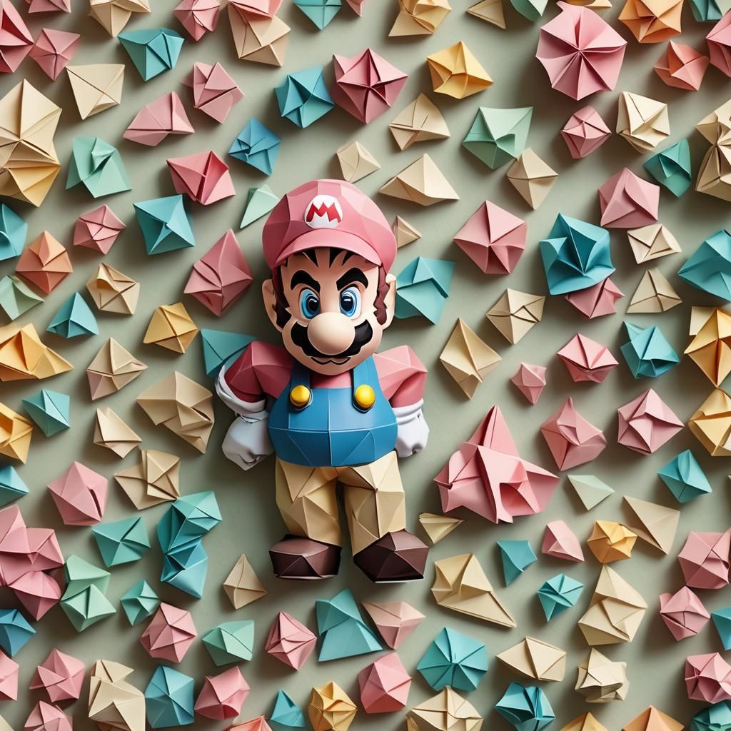 Origami Mario Papercraft in Serene Setting