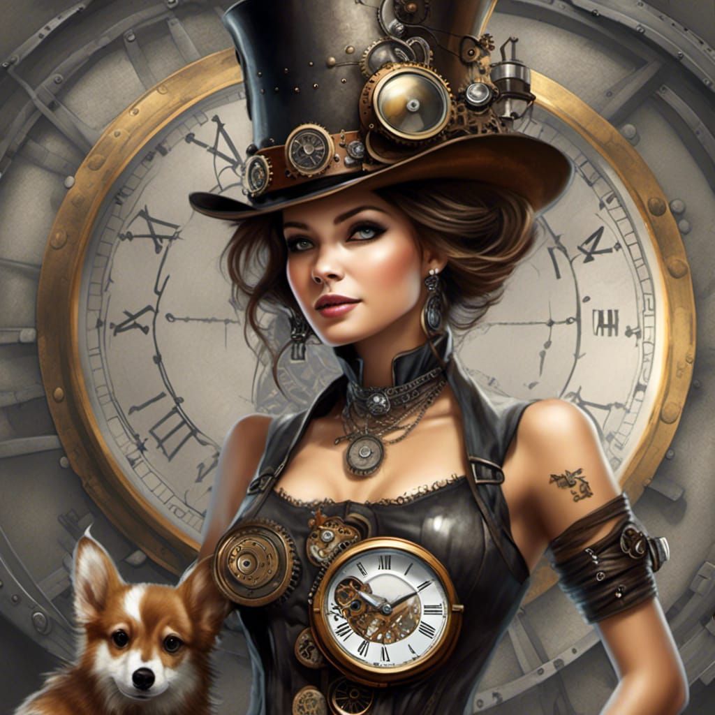 Steampunk Woman with Cyborg Corgi Portrait