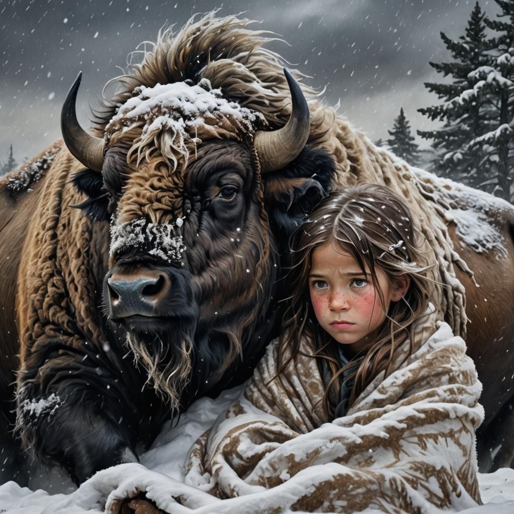 Buffalo Sheltering Child in Snowstorm Fantasy Scene