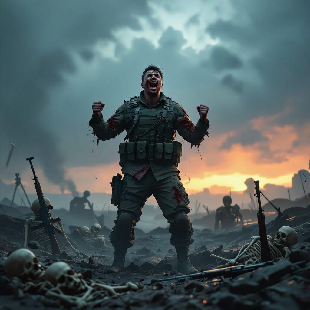 Modern Soldier's Rage on Grim Battlefield