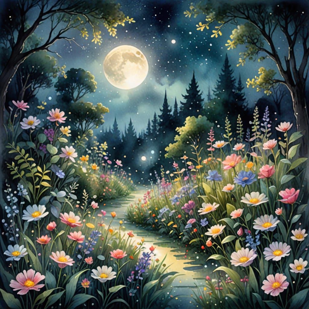 Enchanting Moonlit Garden in Watercolor Style