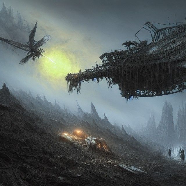 Post-Apocalyptic Plane Wreckage in Sci-Fi Landscape