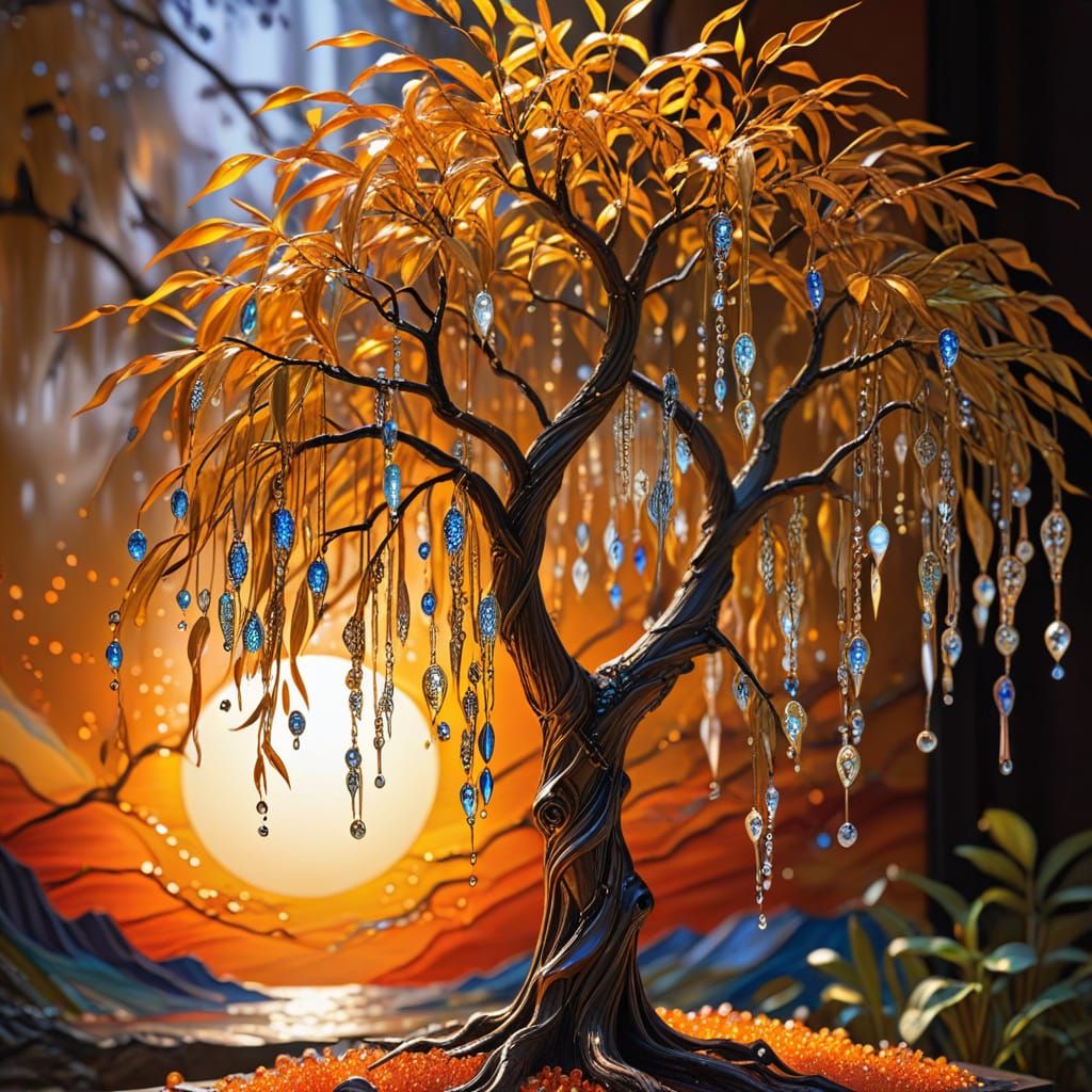 Surreal Amber Sunset with Weeping Willow and Glowing Orbs