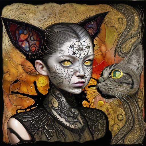 Cat-Human Hybrid in Mixed Media Style