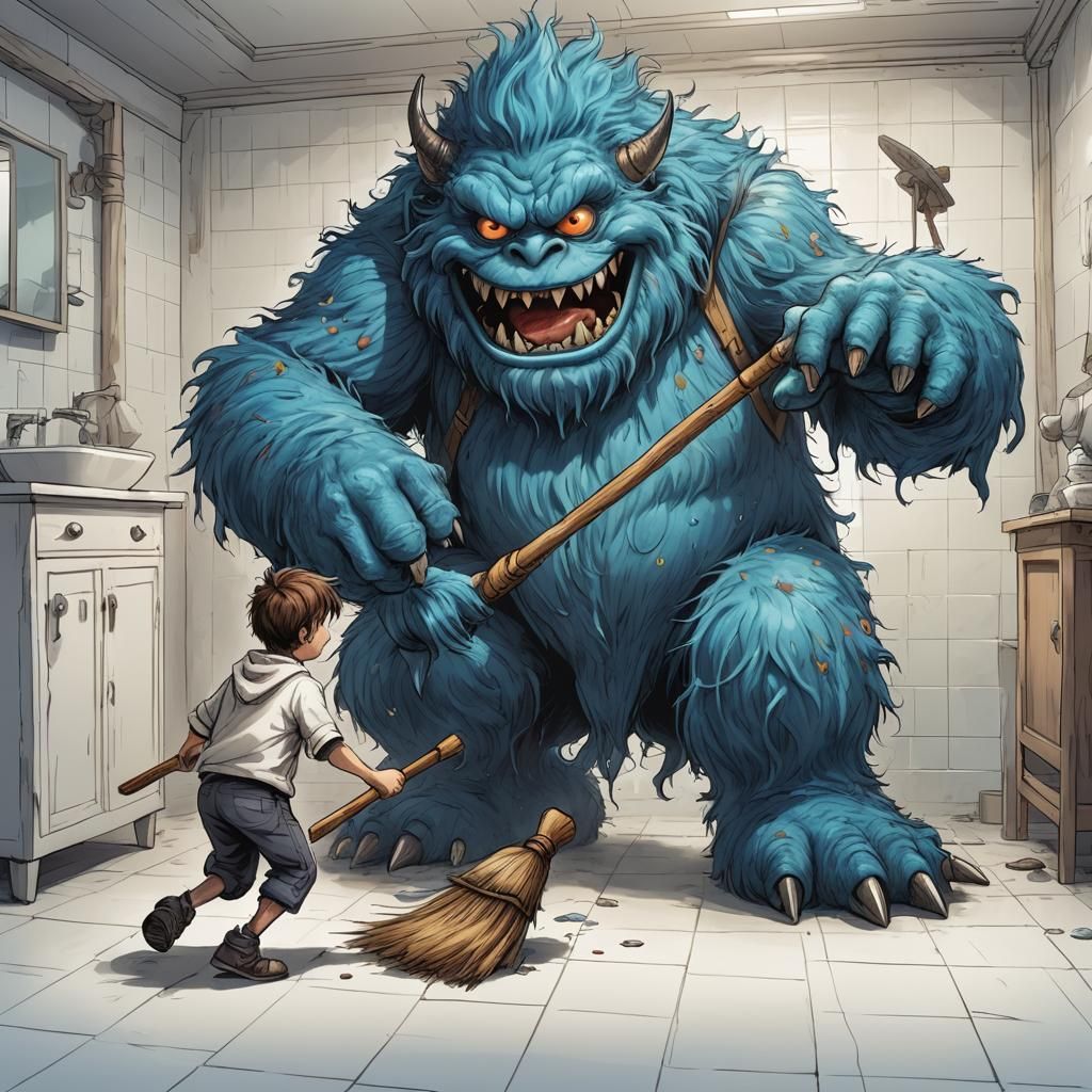 Man Versus Monster in Bathhouse, Hand-Drawn Style