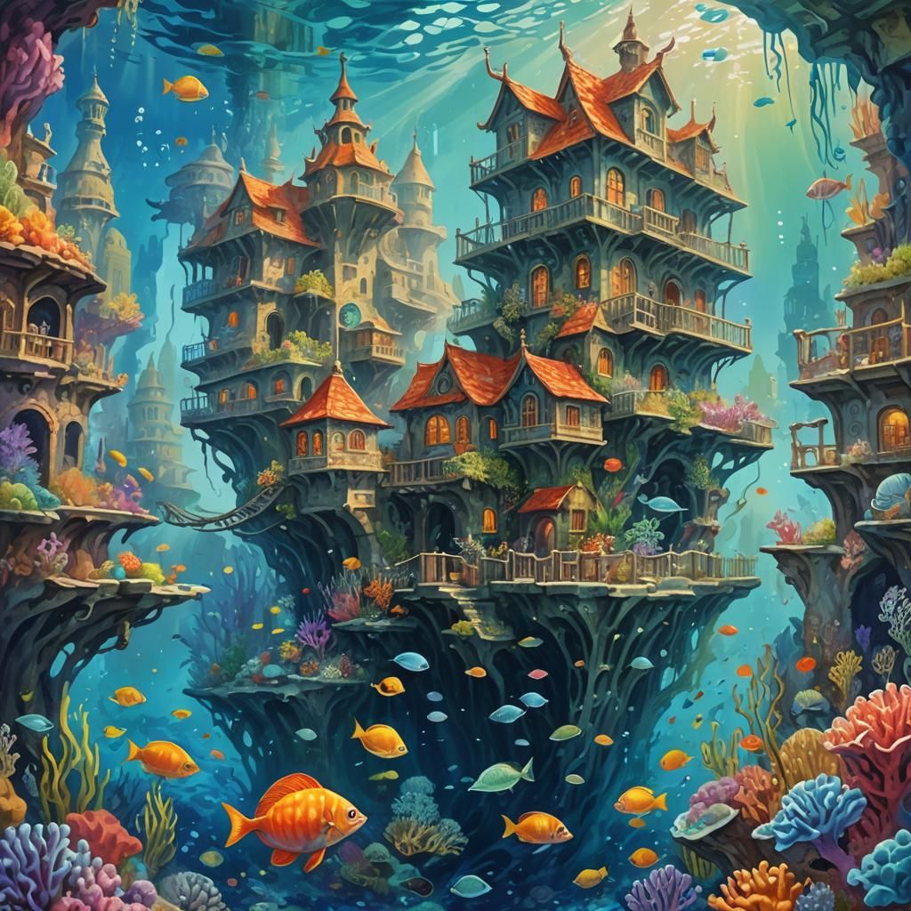 Sea Elf City near Coral Reef in Gouache Style