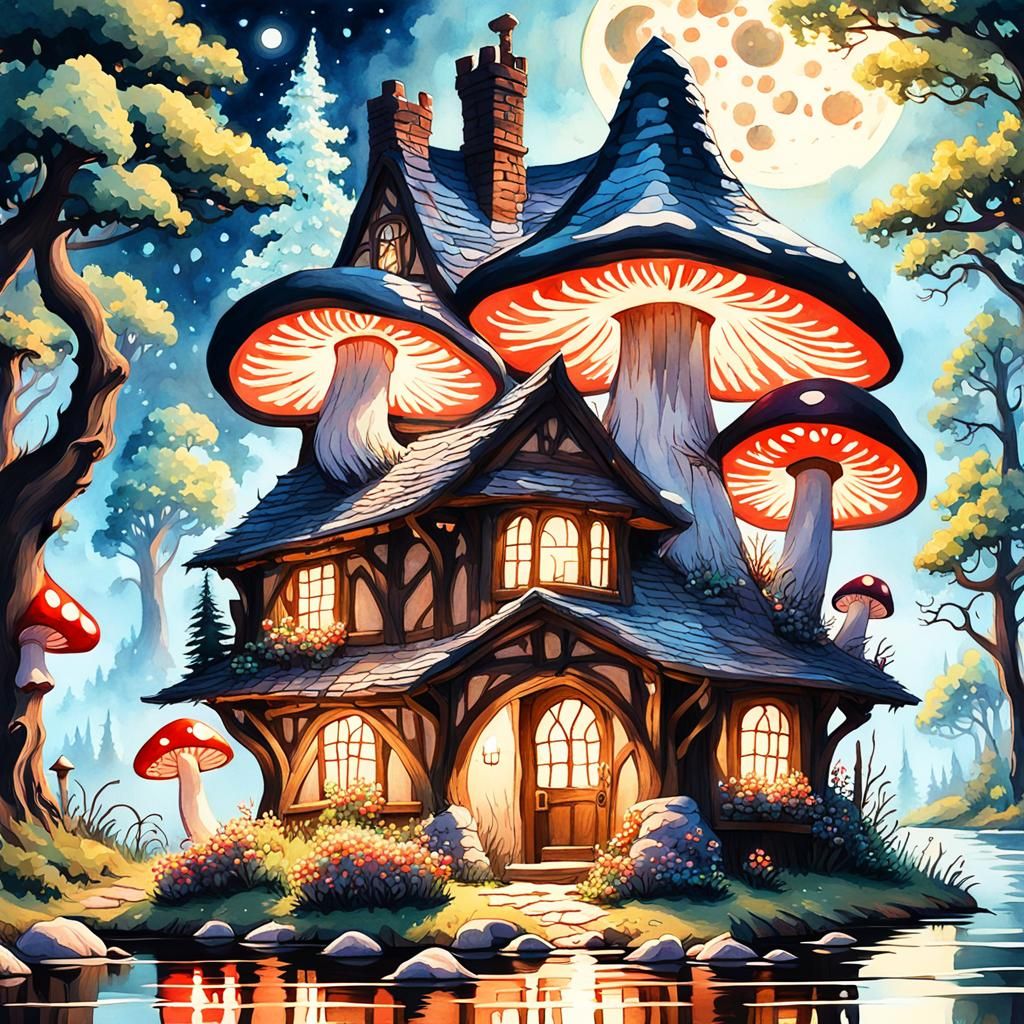 Enchanted Cottagecore Tavern in Dark Fantasy Gouache Style