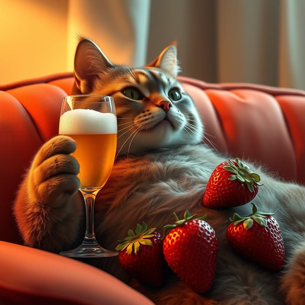 Hyper Realistic Strawberry Cat Sipping Beer on Velvet Couch
